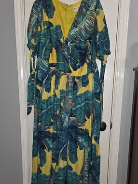 L'ATISTE Yellow Maxi Dress with Teal Tropical Leaf Print